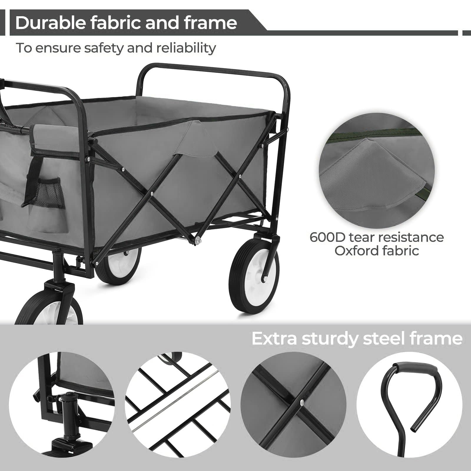 Carrello Pieghevole, 98L Carico Massimo 80 kg Carrello a Mano da Giardino, Carrello da Spiaggia, per Il Trasporto, con Tasca Laterale, per Attività All'aperto, Spiaggia, Campeggio, Grigio