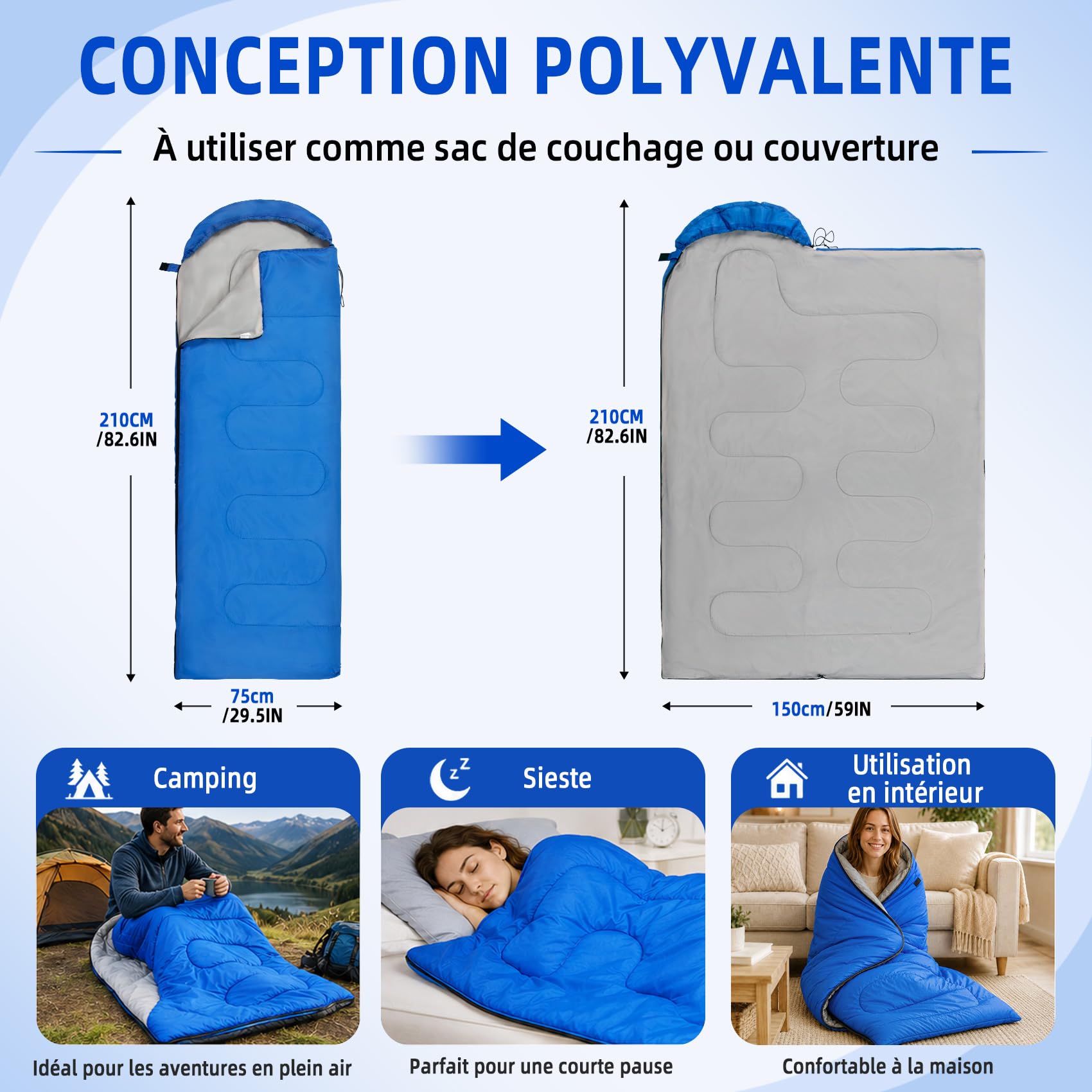 Sac de Couchage pour Adultes et Enfants, Léger, 3 Saisons | Portable, Déperlant, Robuste et Compact, avec Capuche et Fonction Couverture 2-en-1 pour Randonnée, Voyage et Sieste