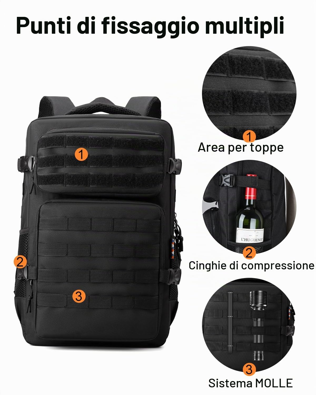Zaino Militare Tattico 20L, Zaino Tattico Impermeabile, Zaini Trekking Escursionismo Multitasche per Campeggio Pesca Viaggio, Nero