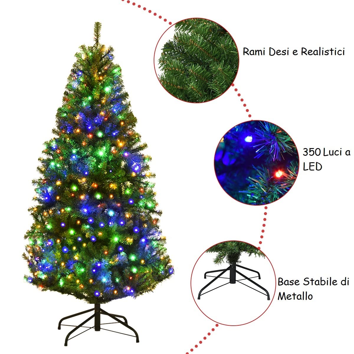 COSTWAY Albero di Natale 120/150/180/210 cm, Albero di Natale con Luci Incorporate 11 Modalità di Illuminazione, 300/600/1000/1570 Rami e Base in Metallo, Perfetta per Casa e Negozio (180cm)