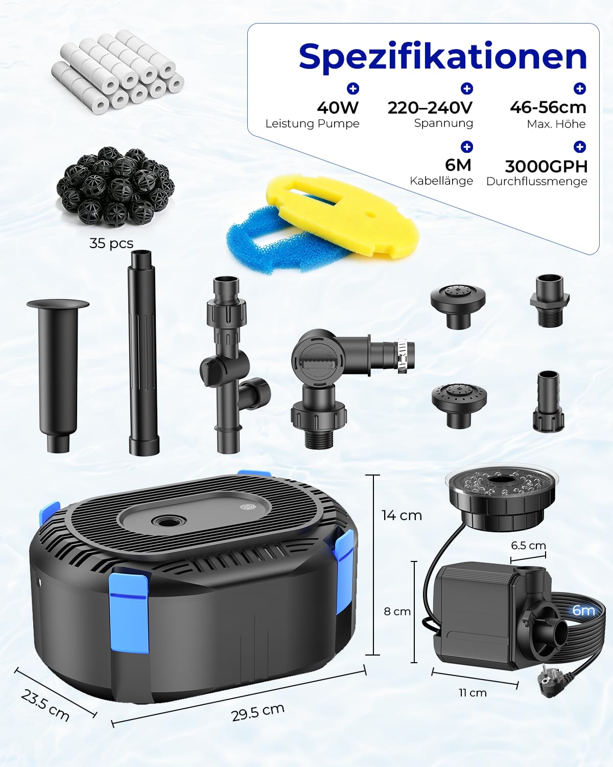 Hitauing All-in-One Tteichpumpe 3000 L/H 40W mit automatischer bunter LED, Teichpumpe für Außen mit 3 Sprühbildern, Springbrunnen-Set mit Wasserpumpe für Garten, Wasserspiele, Vogeltränken