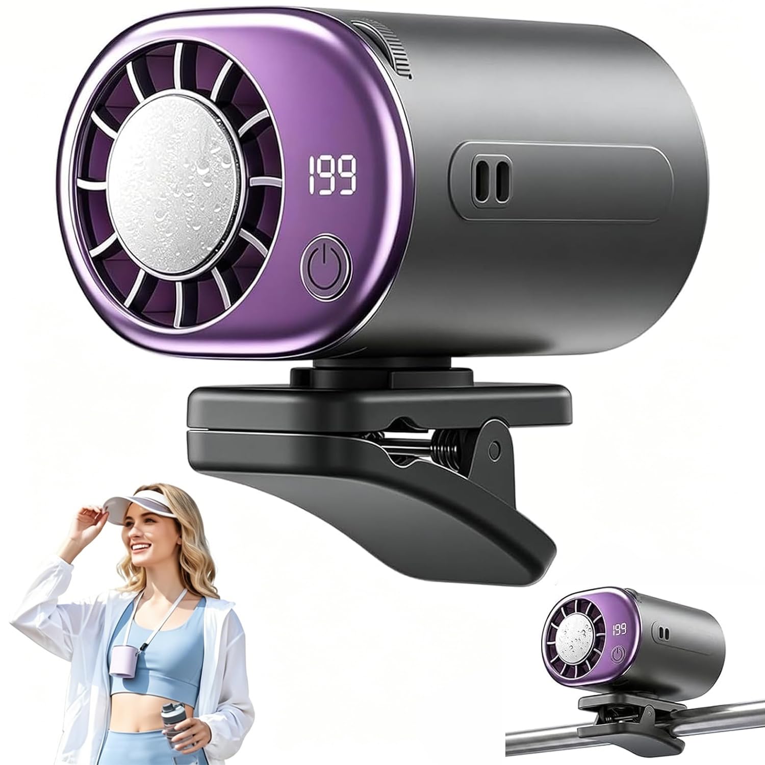 Car Clip on Air Conditioner Fan, Rechargeable Mini Clip-on Fan with LED Display, 199-Speed Touch Control & 360° Rotation, Hands-Free Car Fans Blow Cold Air for Car Office Home and Desk