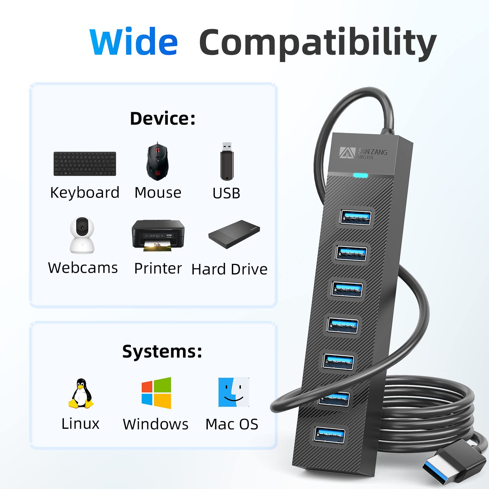 Hub USB 3.2 Gen1 a 7 porte,hub USB 3.0 con cavo da 100 cm e porta di alimentazione 5V/3A,hub dati Hub USB Distributore USB per laptop, MacBook Pro/Mini,Surface Pro,HDD mobile e altro