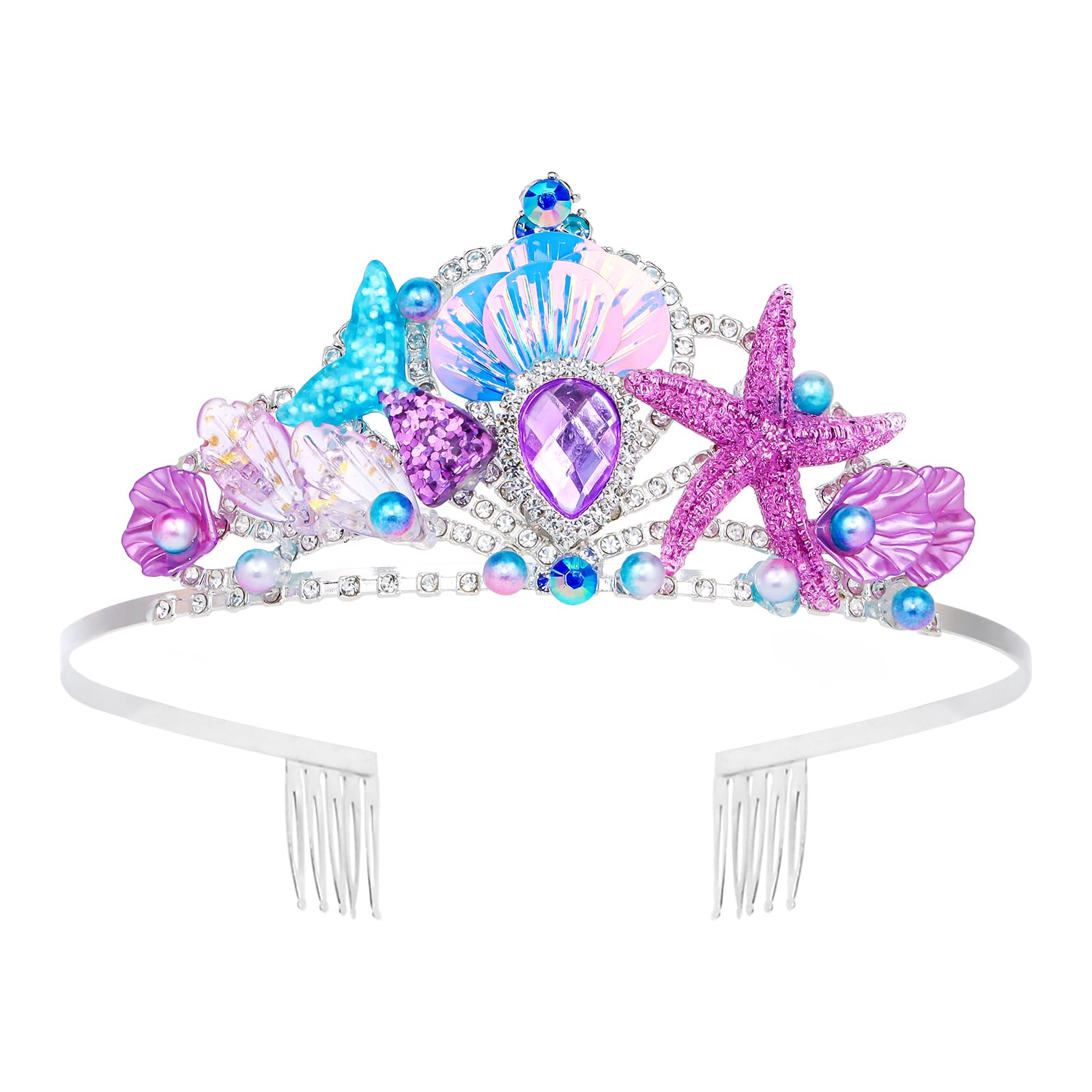 Mermaid Crown Pearl Mermaid Headband Purple Mermaid Birthday Decorations with Flower Rhinestone Mermaid Party Favors Mermaid Hair Accessories