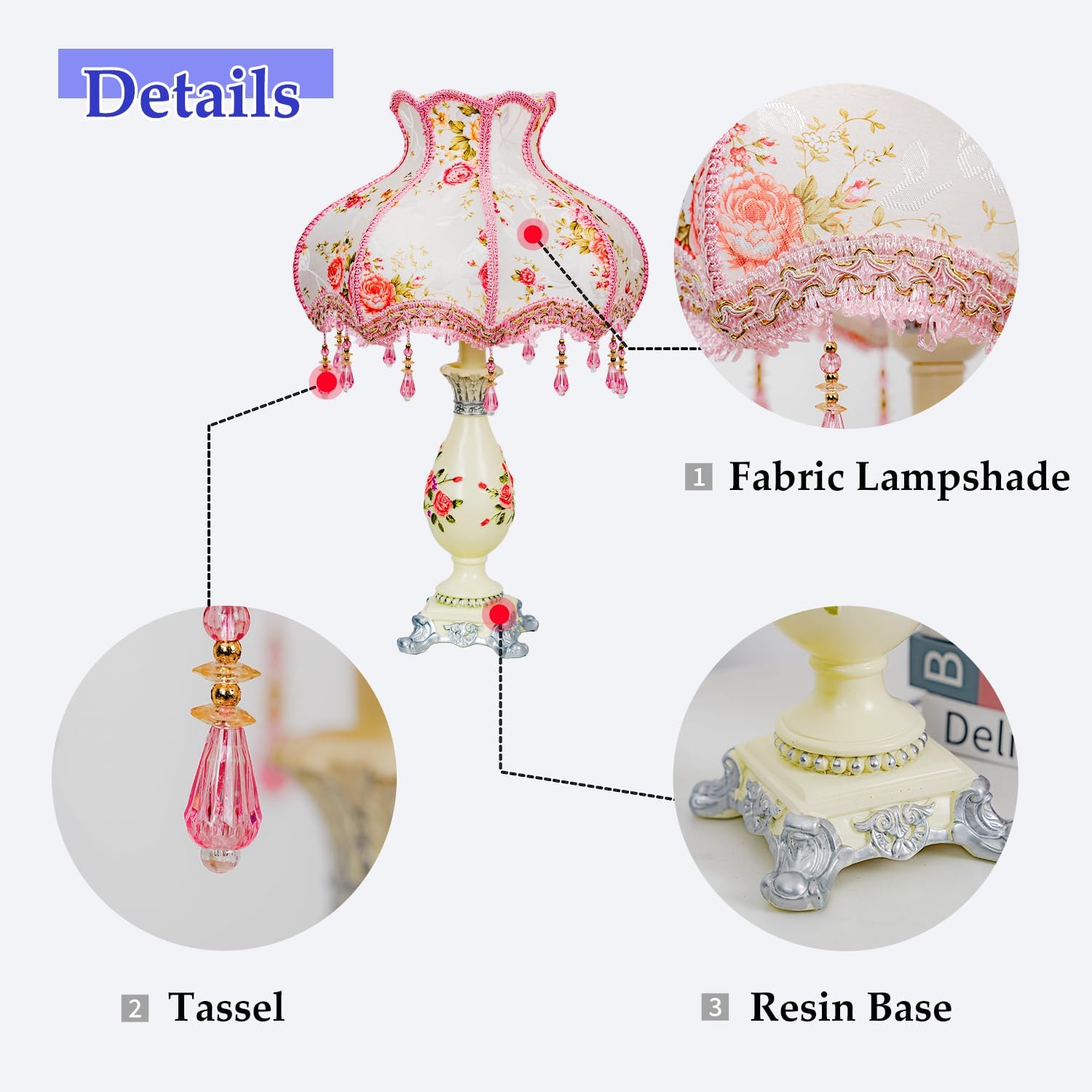 Cute Table Lamp with Fabric Lampshade, Antique Flower Decorative Bedside Desk Nightstand Lamp, Handmade Night Light for Bedroom Living Room (Pink and Beige)