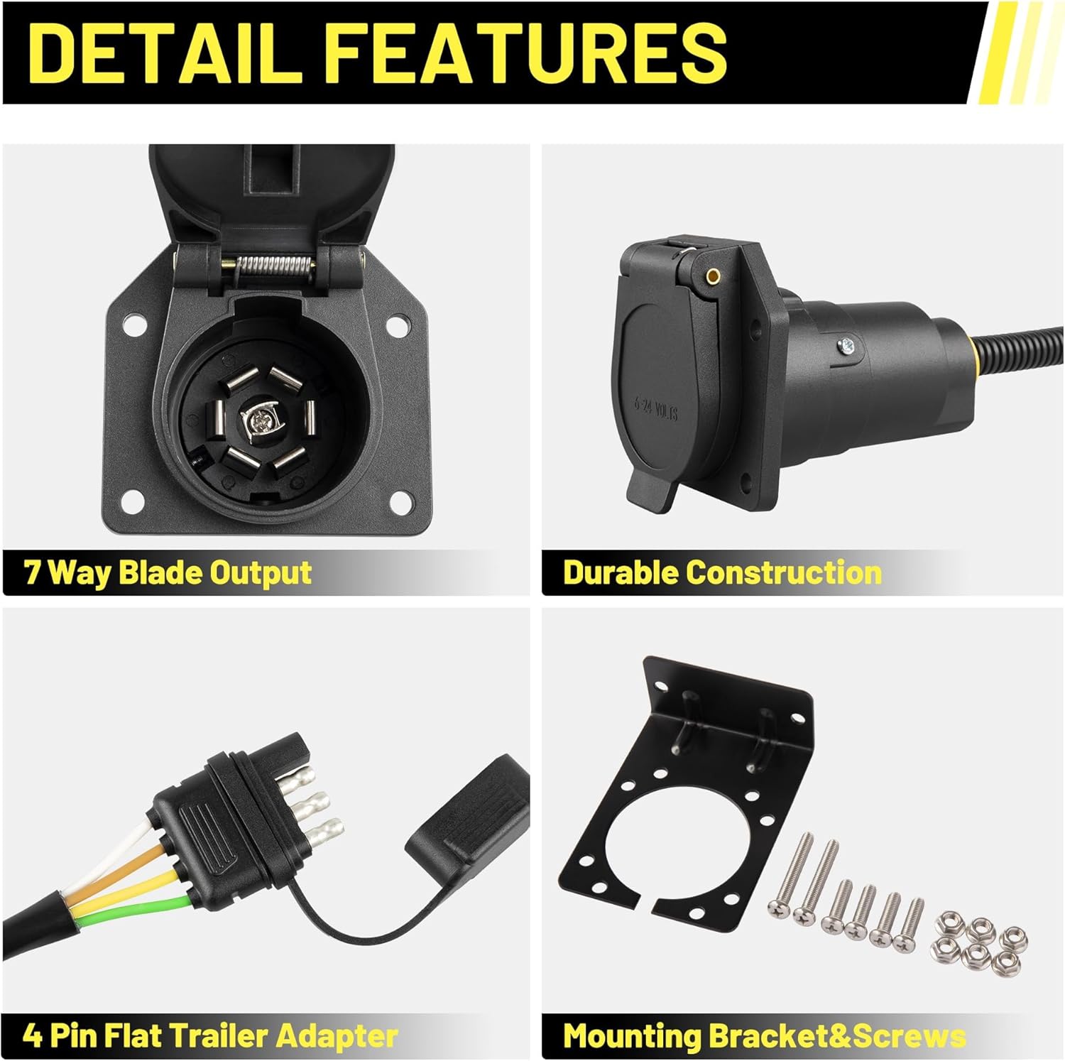 Oyviny 4-Pin to 7-Way Round Blade Trailer Adapter W/Mounting Bracket + 7 Way Round to 4 Way Flat Coiled Trailer Adapter 5ft