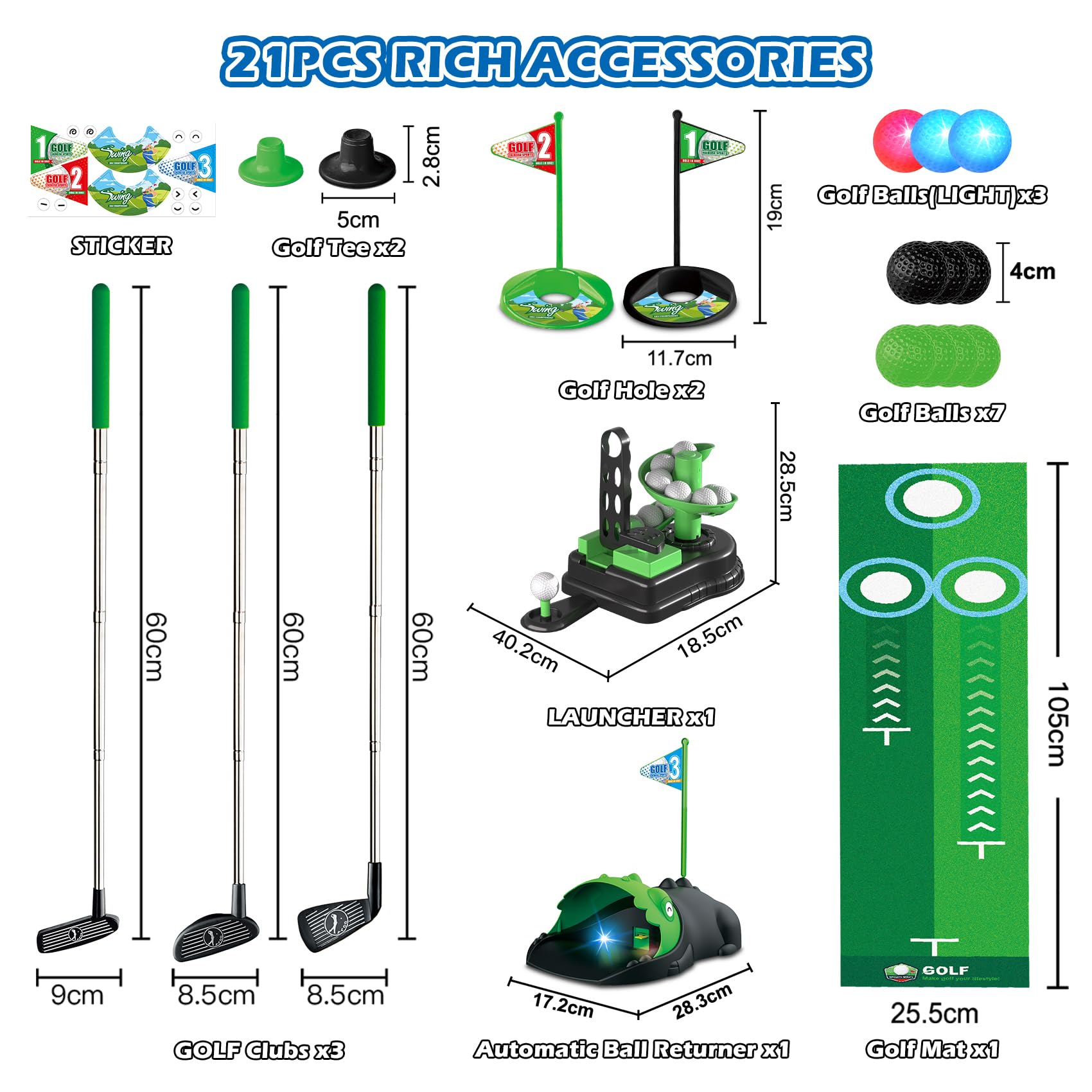 TERRAMUS Juego de Golf Infantil Mejorado, 3 en 1 con Lanzador automático de Pelotas de Dinosaurio y Pelotas con luz LED, minigolf para niños de 3 a 8 años