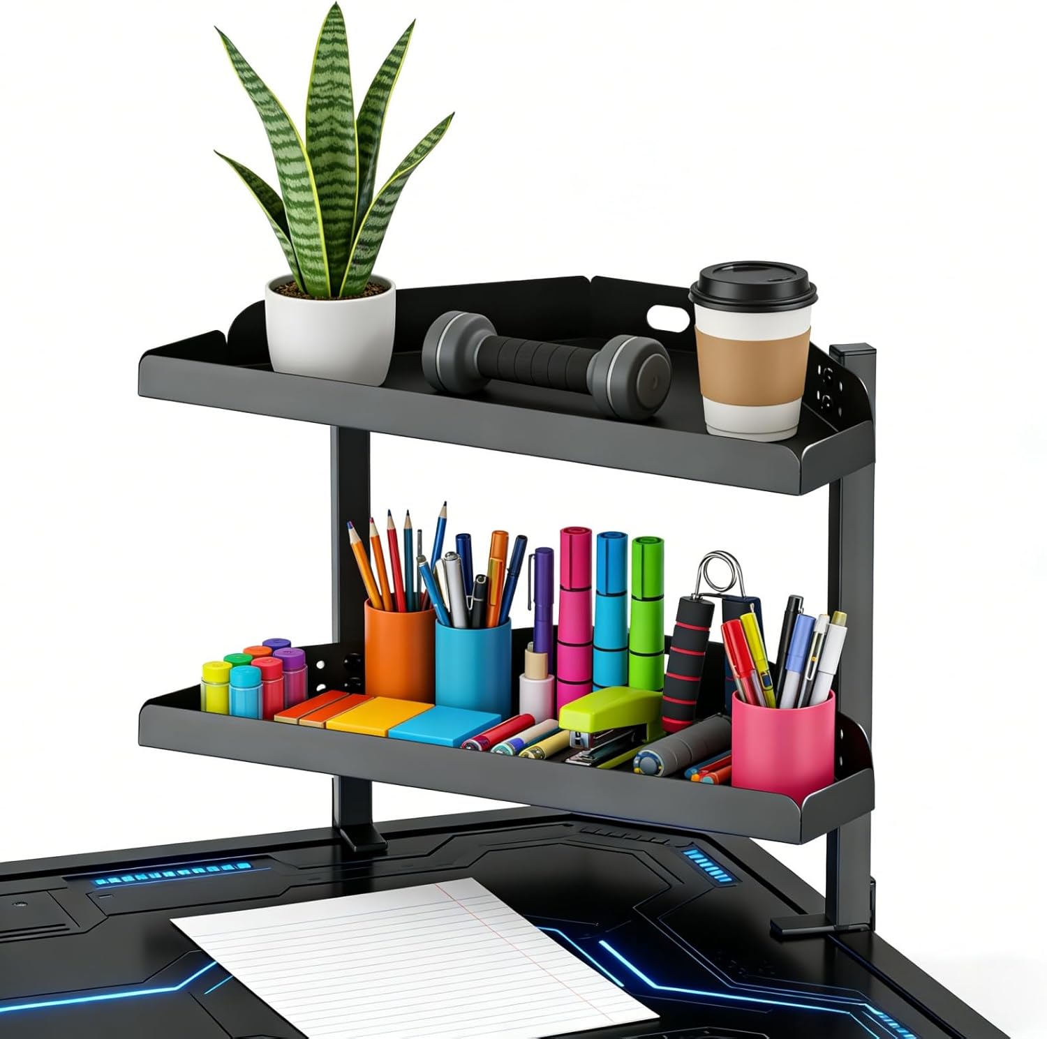 Yuxh Clamp On Desk Corner Shelf 2 Tier Cilp Under Table Corner Organizer, Black-M, 16 inch