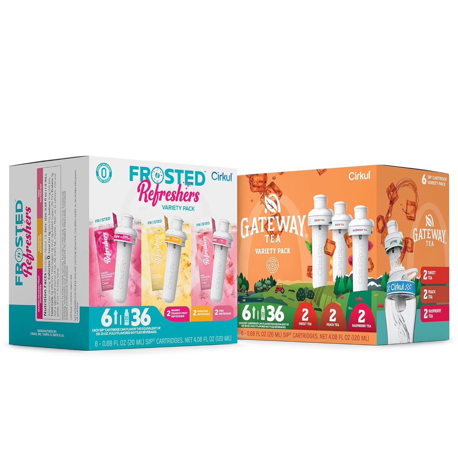 Cirkul Variety Pack Bundle with Caffeine, Flavored Water Cartridge 12-Pack (Frosted Refreshers, Gateway Tea), No Sugar, Zero Calorie Drink Mix