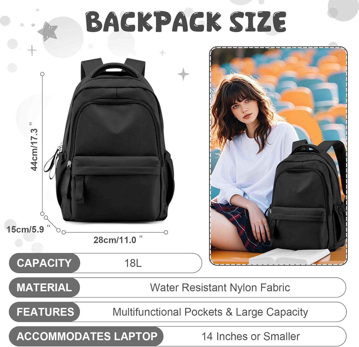 winspansy Small Backpack For School Girls Boys Aesthetic Lightweight Travel Daypack Simple Cute Backpack For Women Men College High School Bookbag Fit 14 Inch Laptop,Black - Image 2