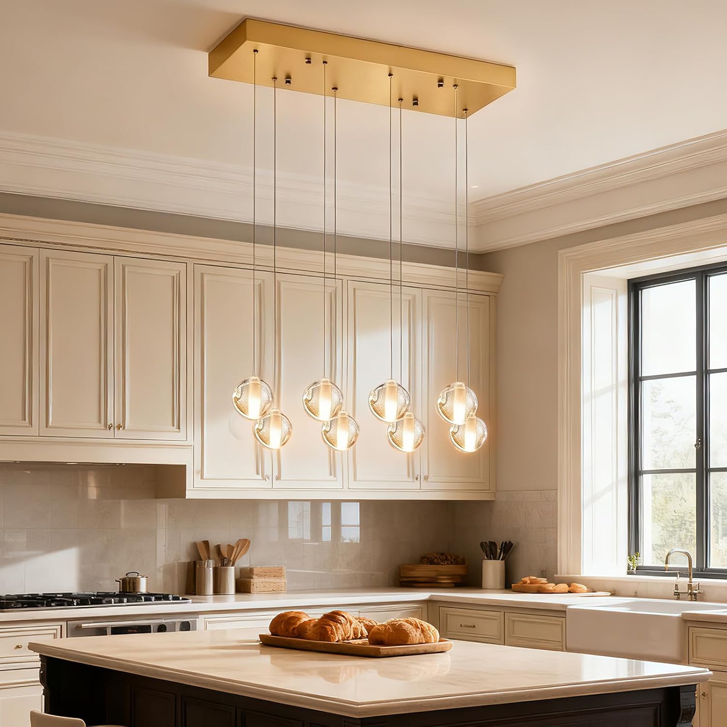 8 Lights Gold Raindrop Rectangle Chandelier, Modern Bubble Crystal Chandelier for Dining Room, Large Pendant Light for High Ceilings Staircase Foyer Entryway Living Room Kitchen Island