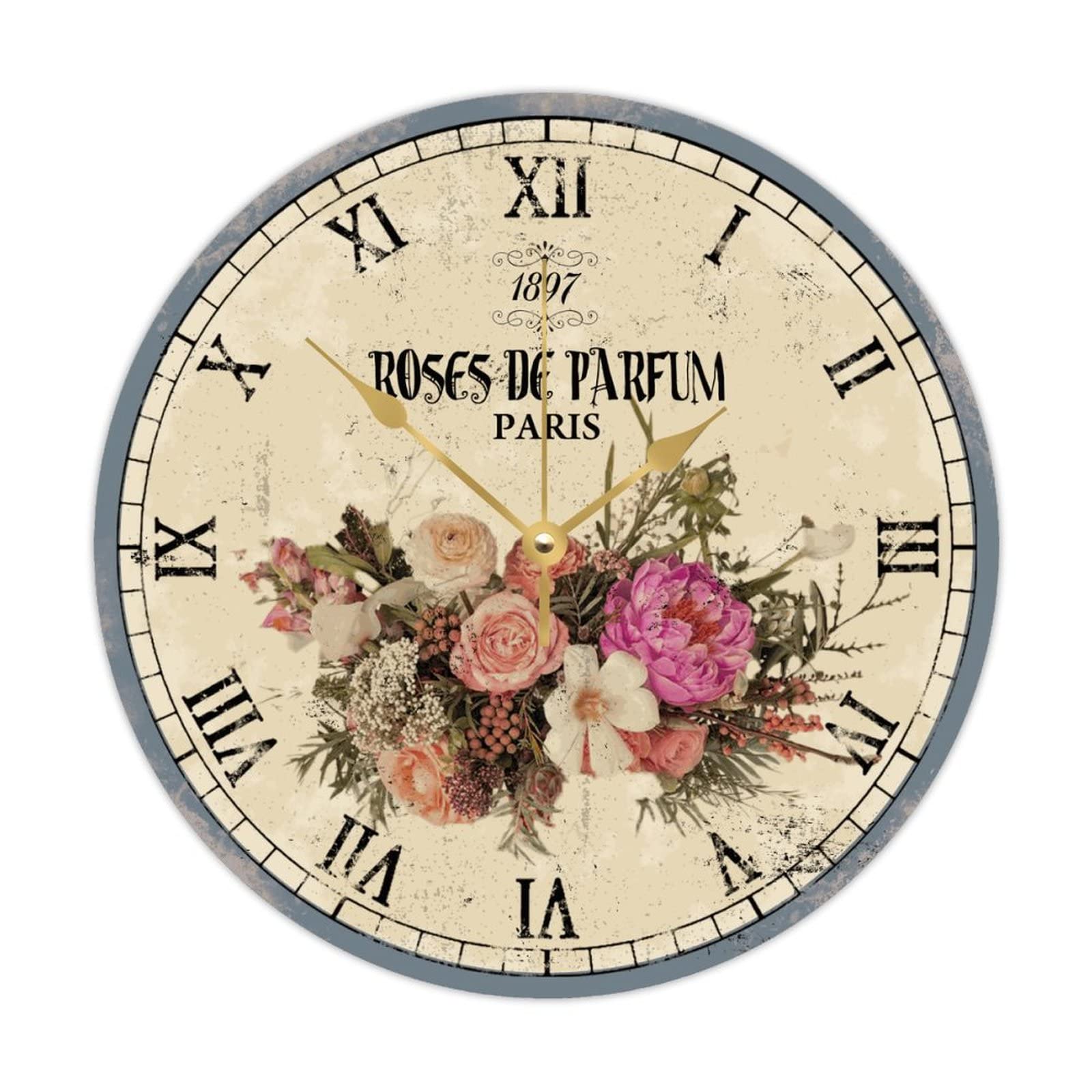 Horloge murale vintage en bois fleurie 38 cm fonctionnant à piles