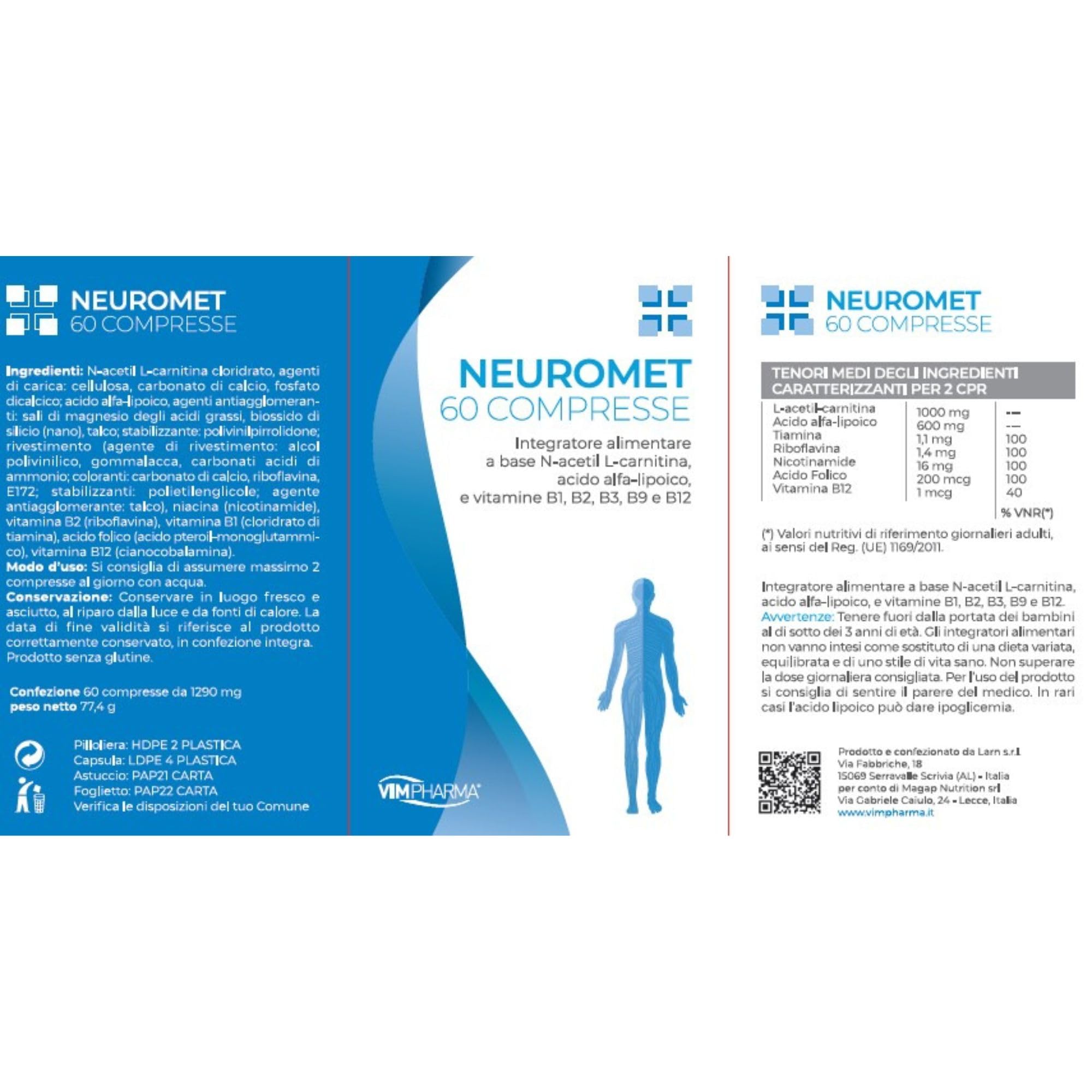 VIMPHARMA Integratore di Acetil l Carnitina Acido Alfa Lipoico Niacina NEUROMET Vegano Naturale Efficace per benessere Sistema Nervoso Stanchezza 60 Cpr Made in Italy