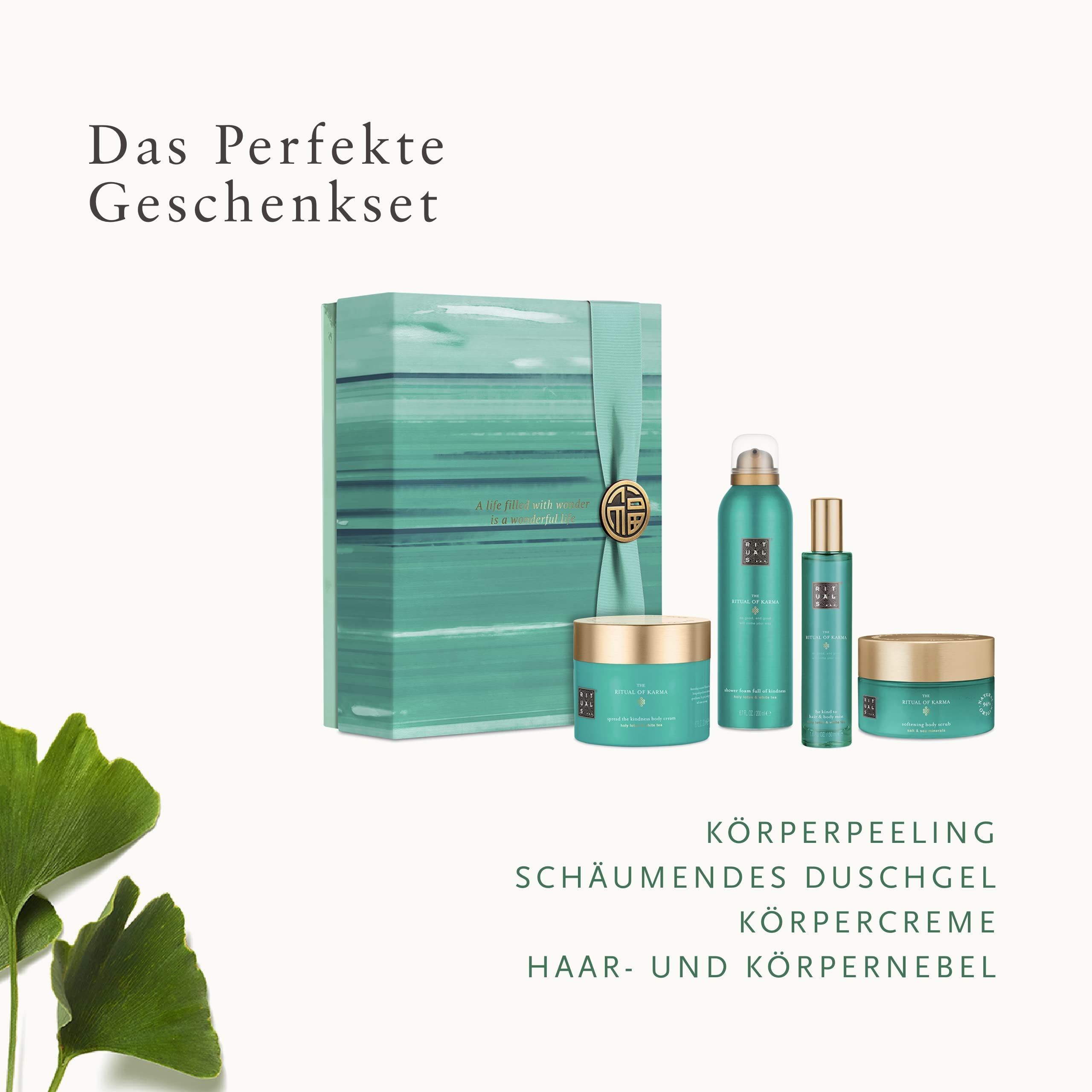 RITUALS Soothing Collection Geschenkset aus der the Ritual of Karma Serie, Set aus: Körperpeeling mit Salz, Duschschaum, Körpercreme, Haar-und Körperspray, 1108679
