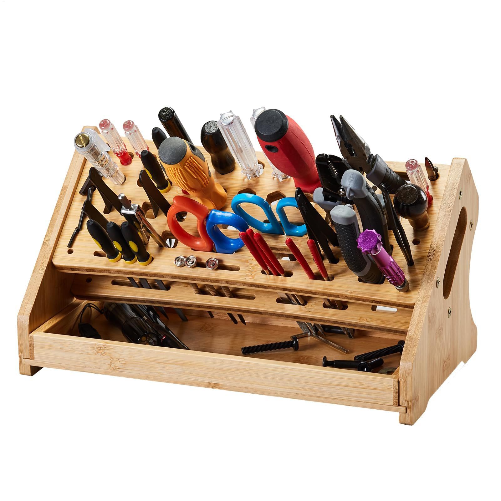 Organizador de Alicates | con Bandeja de 53 Agujeros Organización Hogar Madera - Organizador de Herramientas para Escritorio | Para Manualidades Reparación Garaje Interior y Exterior Jardín