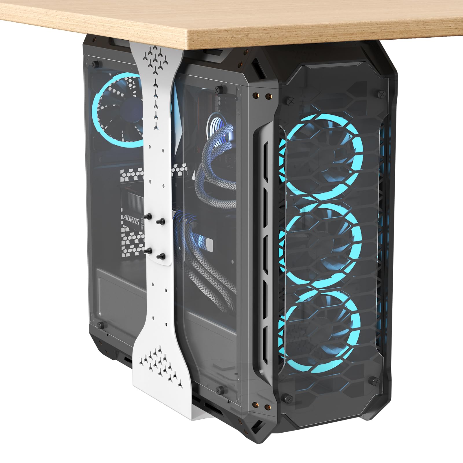 PUTORSEN Supporto per PC sotto scrivania, larghezza massima fino a 340 mm, portata fino a 35 kg, supporto da tavolo in PC con imbottitura protettiva, alloggiamento per computer resistente, bianco