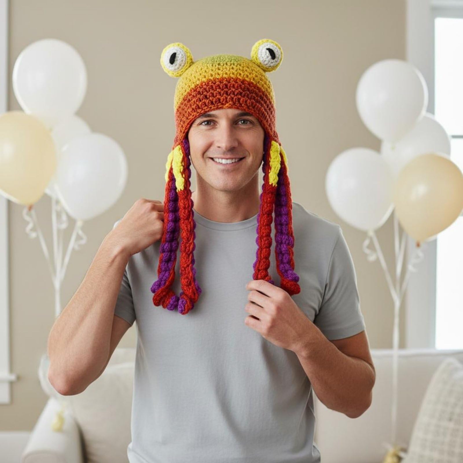 Gorra Pulpo Adulto Sombrero Pulpo Gorro Calamar Beanie Tentáculos Ojos 3D Tema Marino Poliéster Suave Crochet Tradicional Abrigo Cabeza Adecuado para, Negro, Adulto 56-60cm