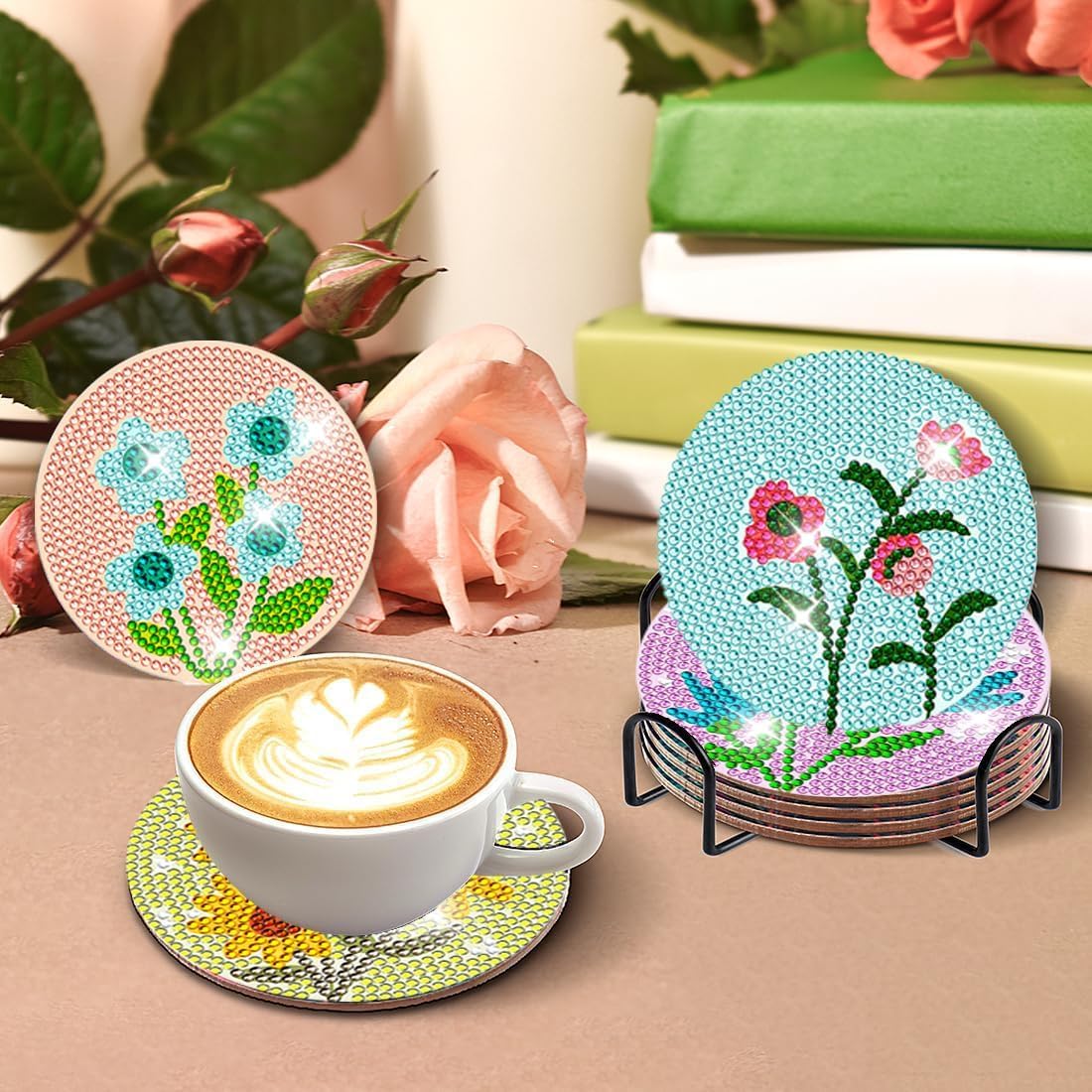 8 Pcs Flowers Diamond Art Coasters Kits with Holder - Image 4