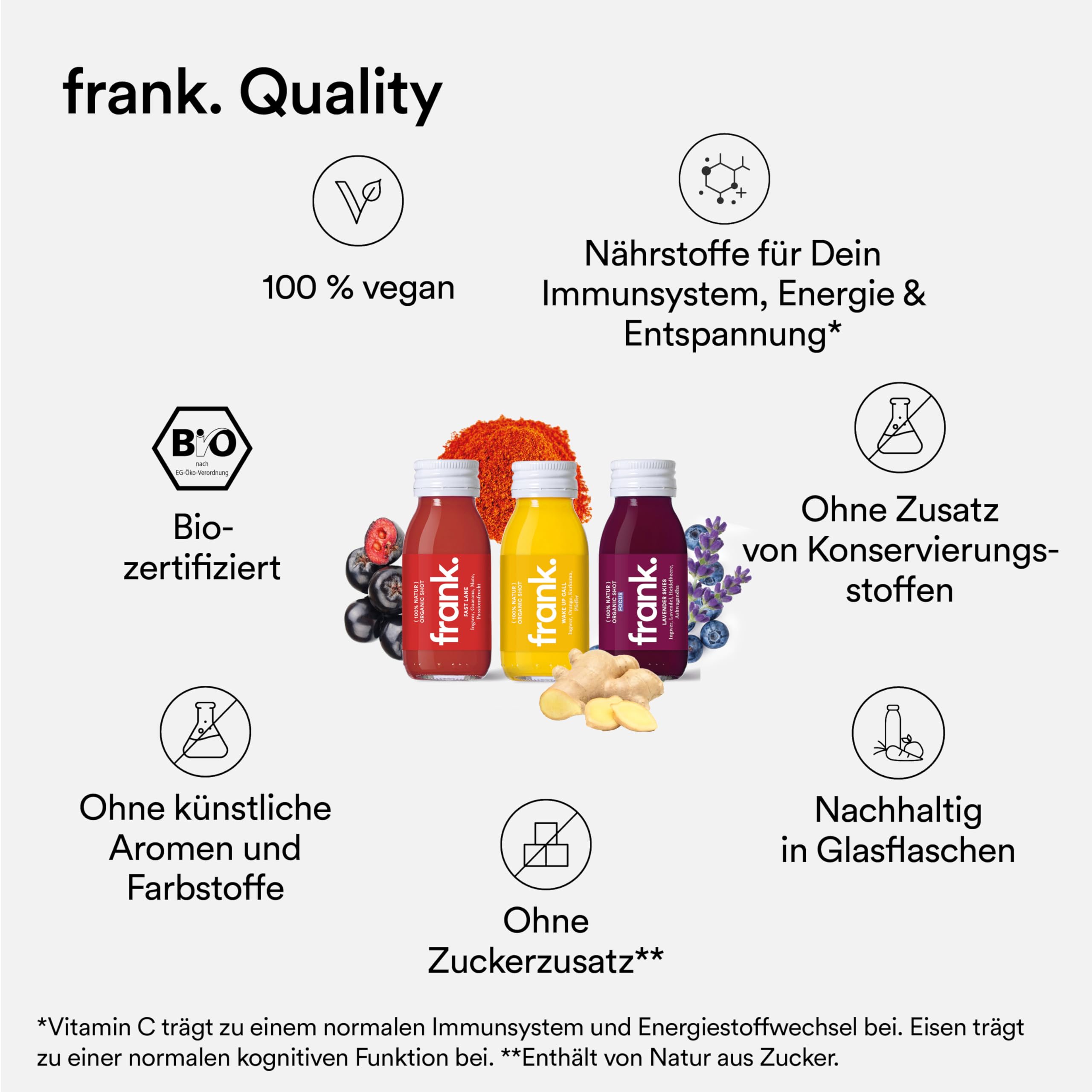 FRANK SHOTKUR - 56 x 60ml - 3 Wochen, Bio Ingwer-Shots mit verschiedenen Ingwer-Gehalten, innovative Mischungen, Vegan, Nachhaltig im Glas, Ohne Konservierungsstoffe