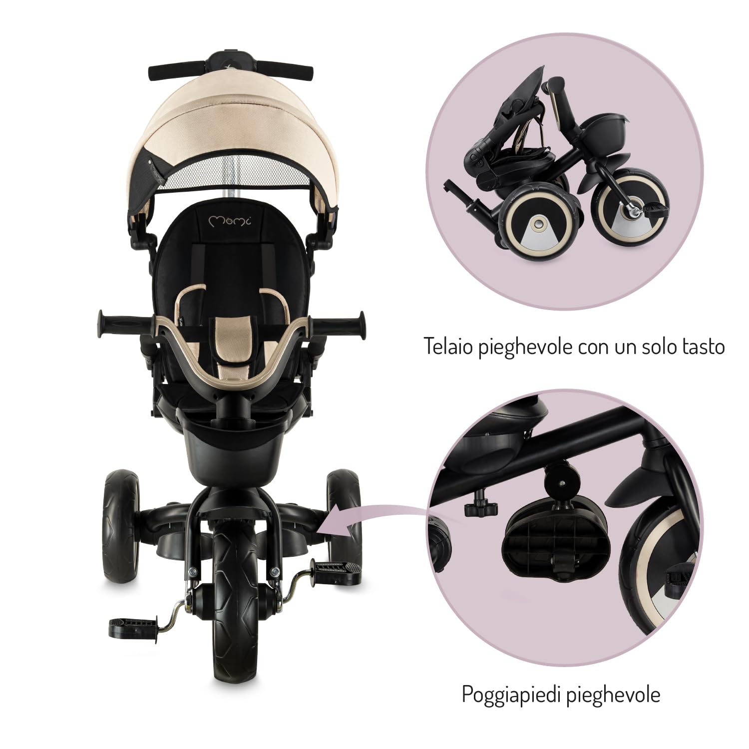Triciclo per bambini MoMi IVI, seduta girevole 360°, cinture a 3 punti, poggiapiedi, tettuccio parasole, ruote EVA, manubrio regolabile, borsa e cestino portaoggetti