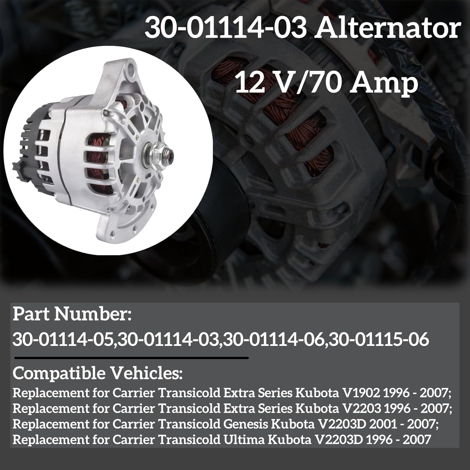 30-01114-03 Alternator Replacement for Carrier Transicold Extra Series Kubota V1902 1996-2007#30-01114-06 4702611 Mixizap