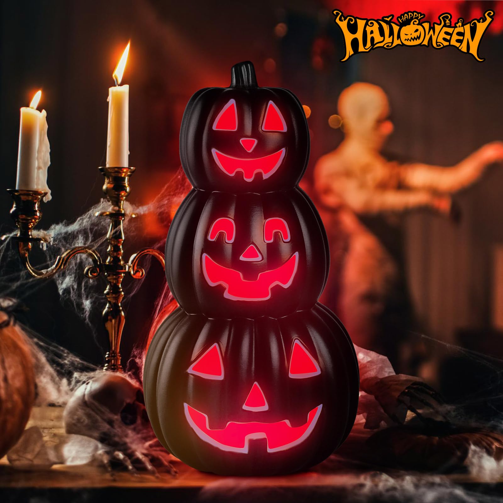 Lanpn 3 Stacked Halloween Pumpkin Lanterns Light Decor, 7 Color