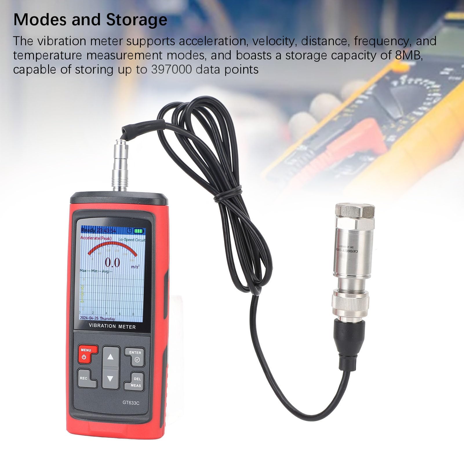 Vibrationsmesser, 5 Modi Mechanischer Schwingungsanalysator, Beschleunigungsgeschwindigkeitsverschiebungstester für HLK, Motoren, Motoren mit 8 MB Speicher, 397000 Datenpunkte,