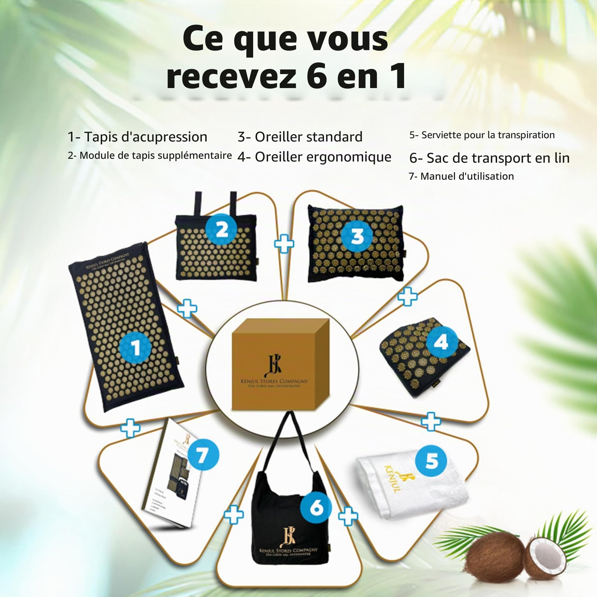 Tapis d'acupression XXL (6 pièces) avec coussin ergonomique et fonction chauffante – Massage complet du corps pour soulager les tensions, les douleurs au dos et au cou avec sac et instructions