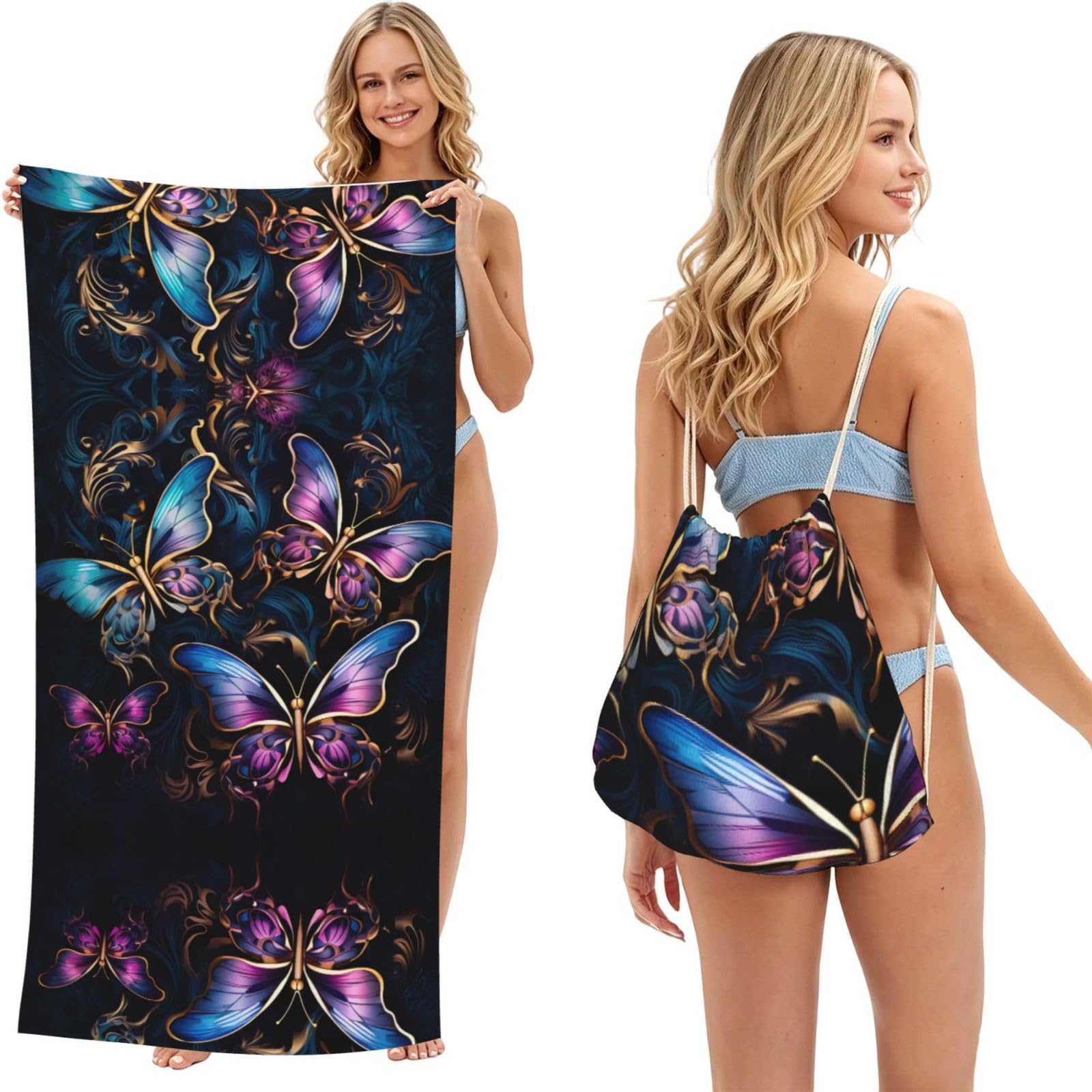 SXZVVBN Dark Three Butterflies 2-in-1 Beach Towel Bag, Quick Dry Sand Free Travel Towel Backpack for Adults
