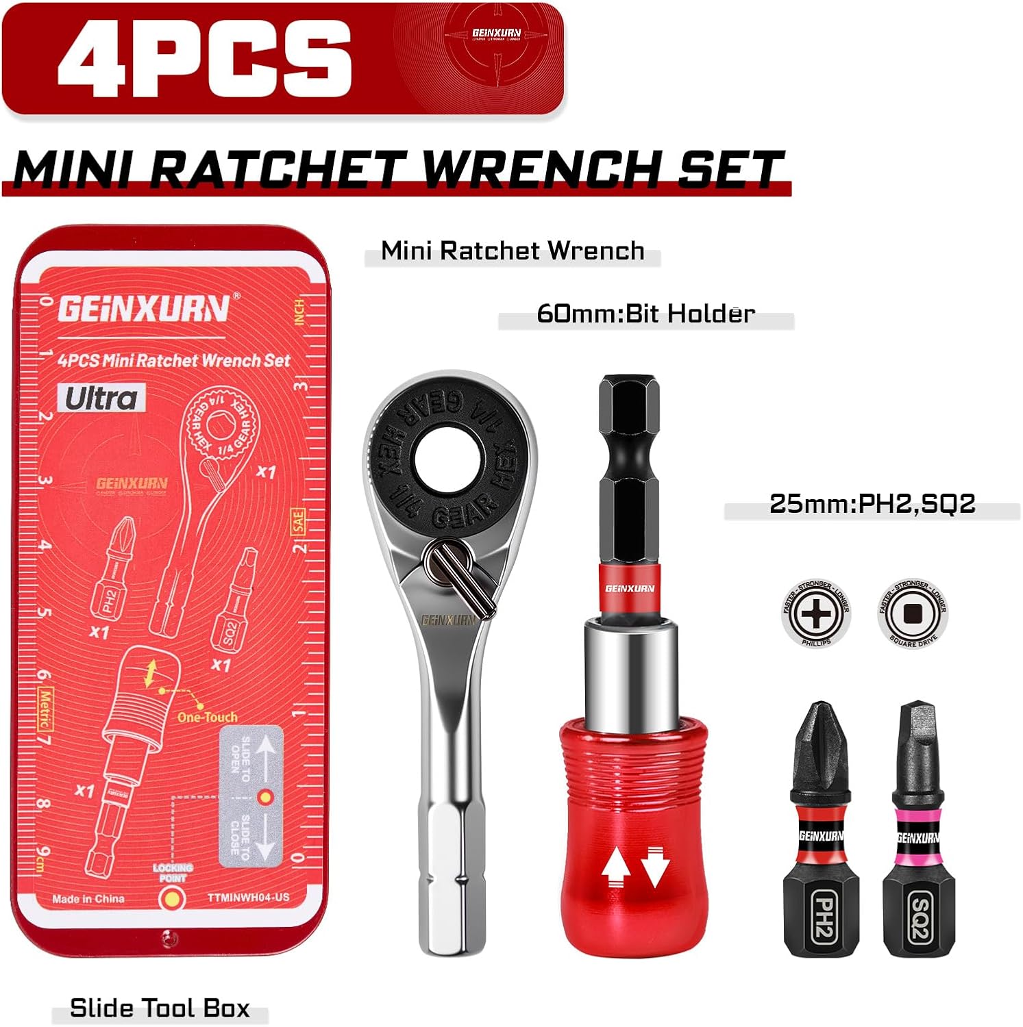 Geinxurn Mini Ratchet Wrench Set, 72 Teeth 1/4" Ratchet Wrench For Tight Spaces, Magnetic Locking Bit Holder and Driver Bit Comes in a Push-Pull Tin Case, Ideal for Repair and DIY projects