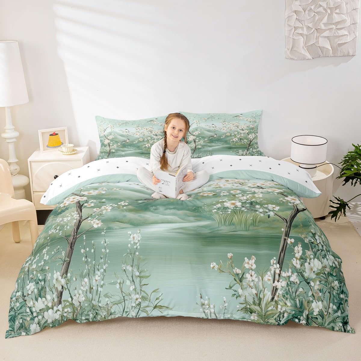 Homewish Juego de funda de edredón con diseño de flores de cerezo blanco, para niñas, con paisaje y vistas al lago, diseño de pájaros, tamaño doble