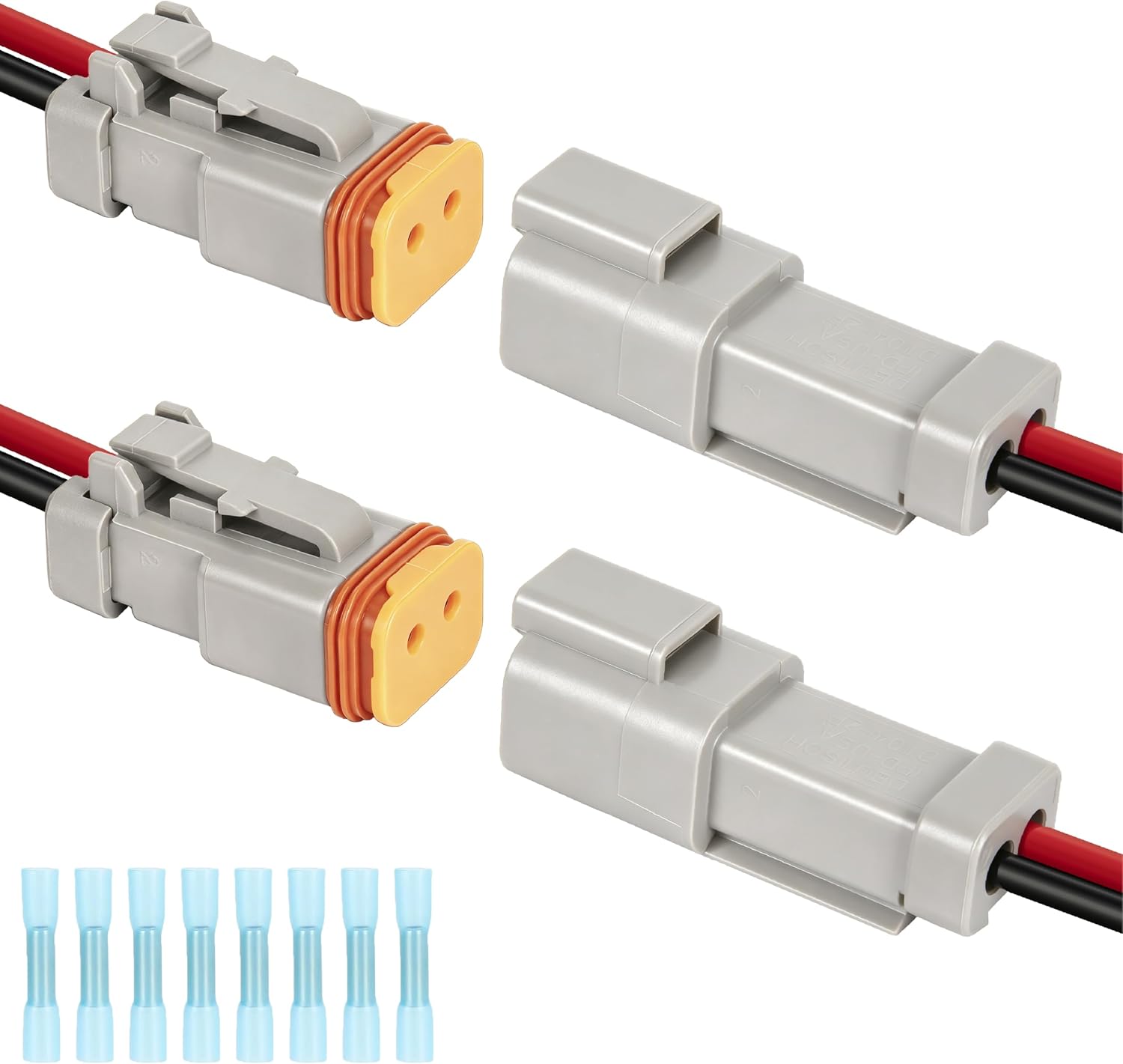 Deutsch DT 2 Pin Wiring Harness Connector 2 Kits, Deutsch Male Female 2 Wire Way Waterproof Automotive Electrical Connector 16 AWG with Heat Shrink Tubing for Car Truck Boat, grey