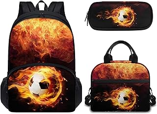 Forchrinse Fire Football Kids School Travel Backpack and Lunch Bag Tote Pencil Case,Lightweight 3 Piece Student Bookbag Daypack Lightweight