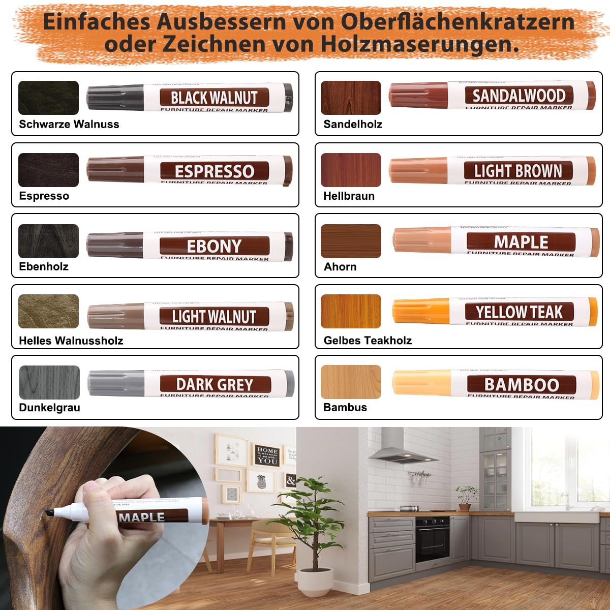 Repair Kit Laminate, Wood Putty Wood Filler Wood Marker Furniture Repair Set, Wax Pens - Image 2