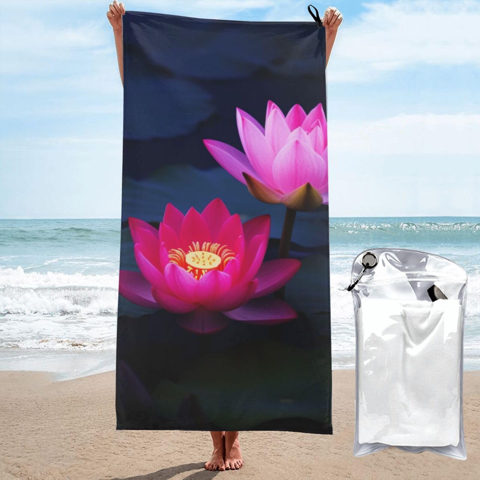 BWWHCCTI Bright Pink Lotus Printed Microfiber Quick Dry Beach Towel 80x160 CM, Fast Drying Bath Towels with Bags for Travel,Camping,Gym,Beach,Swimming,Yoga