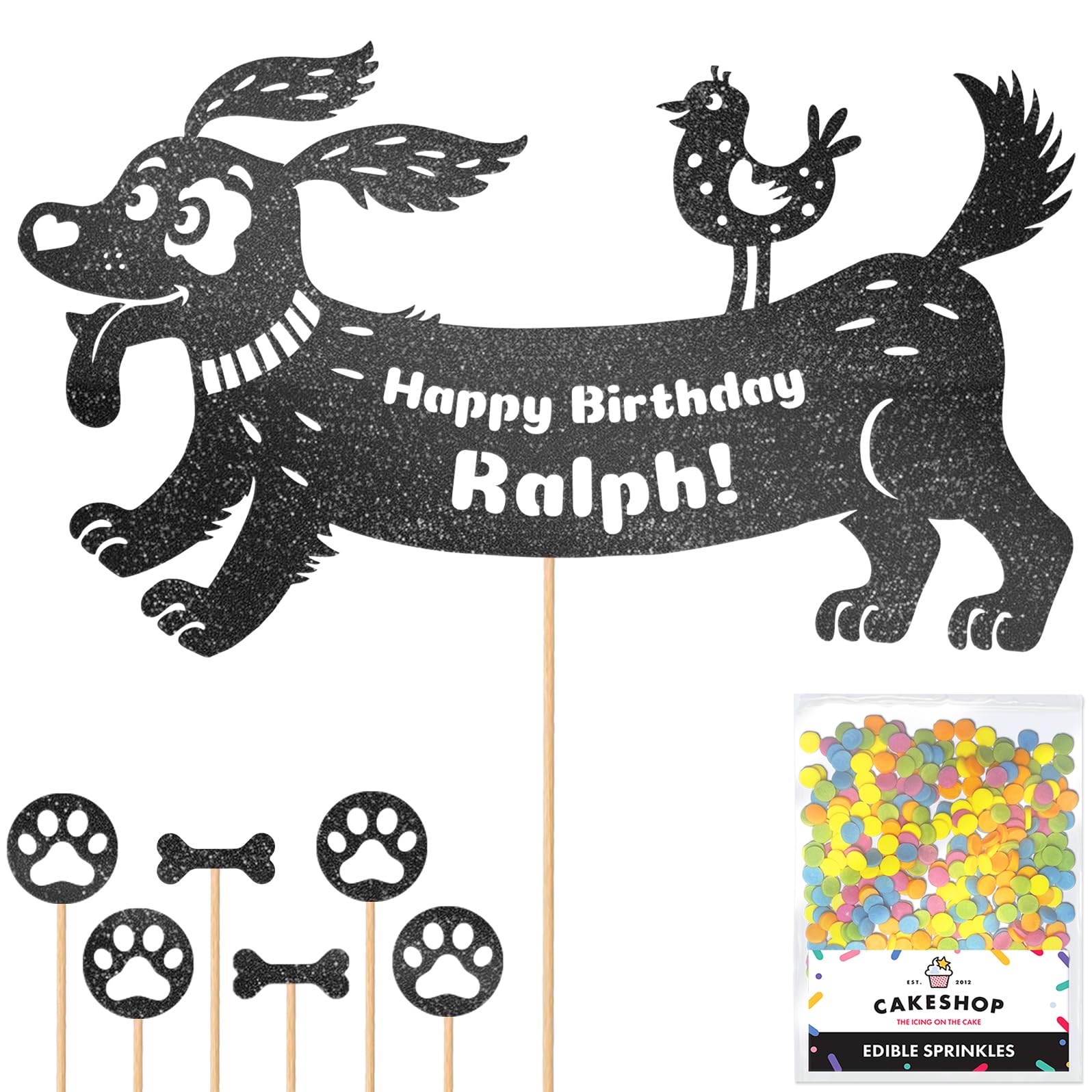 Personalised Birthday Dog Puppy Glitter Cake Topper- Black Any Name & Age Glitter Cake Decoration and Sprinkles - Happy Birthday Decorations - Personalised Toppers for Cakes by Cakeshop