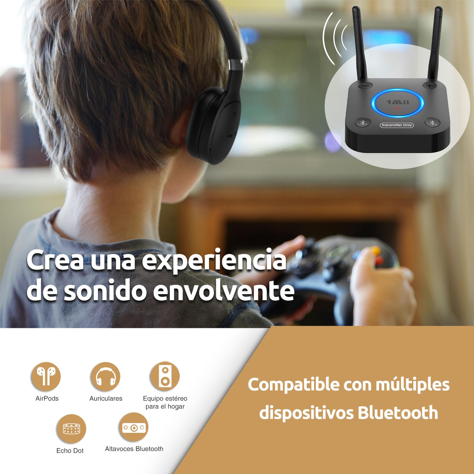 1Mii B06TX Transmisor Bluetooth 5.3 para TV a 2 Auriculares Bluetooth, Adaptador Audio TV con Control de Volumen, Entrada Óptica, Coaxial, AUX/RCA, aptX Baja Latencia/HD, Largo Alcance