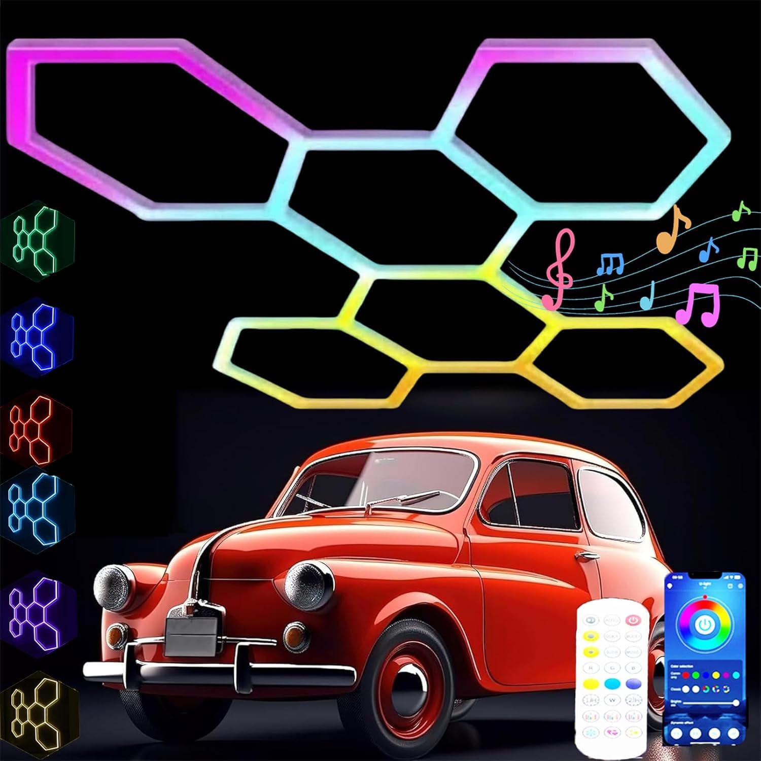 RGB Hexagonales Luces Garaje Luz De Garaje Hexagonal Rgb,Luz Hexagonal Led Techo Garaje 358 +Modelo Música Mando a Distancia cochera Belleza del coche,luz Nido De Abeja Neon Led Garage,RGB,6 HEX
