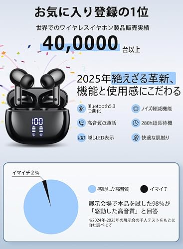 Miniatura 2 de HISOOS Auriculares inalámbricos Bluetooth con pantalla de alimentación LED, auriculares ANC con estuche de carga Bluetooth 5.3 Hi-Fi estéreo