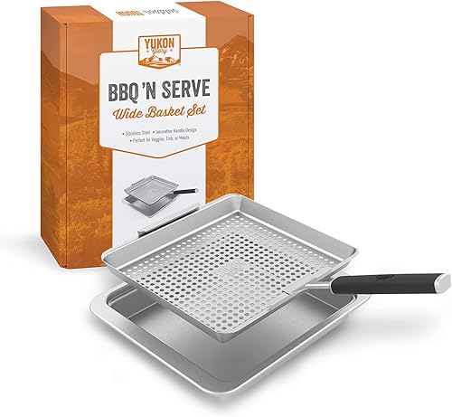 Miniatura 8 de Yukon Glory™ BBQ 'N SERVE - Juego de cestas anchas – Cesta para parrilla – La cesta de parrilla incluye una bandeja para servir y un asa de clip –