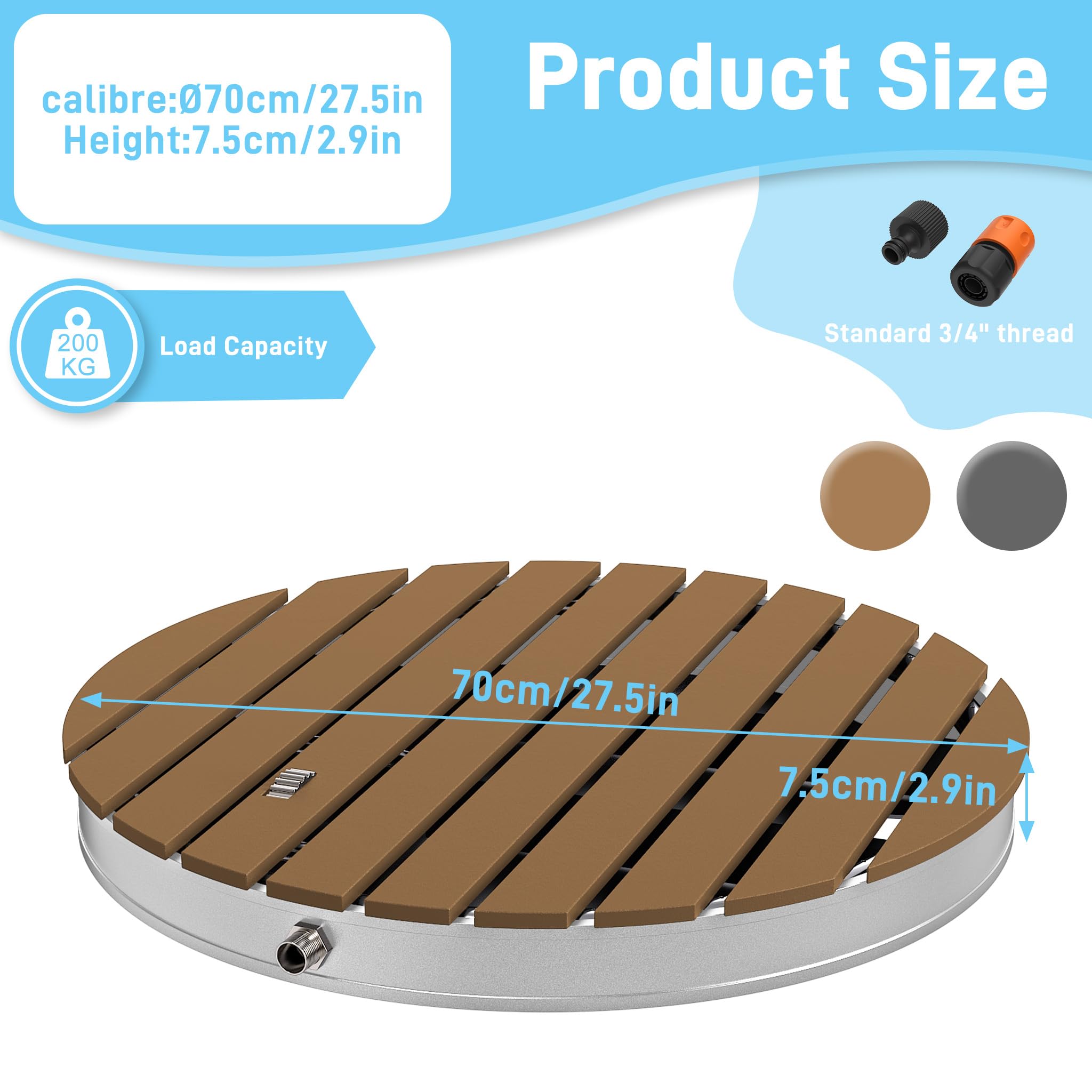 UISEBRT WPC Gartendusche Bodendusche mit Fußrad bis 4 m Fontänenhöhe,rutschfest wetterfest Frost- & UV-Beständig Außendusche für Pool, Camping, Sauna, Hundewäsche,Braun Rund (Ø 70cm)
