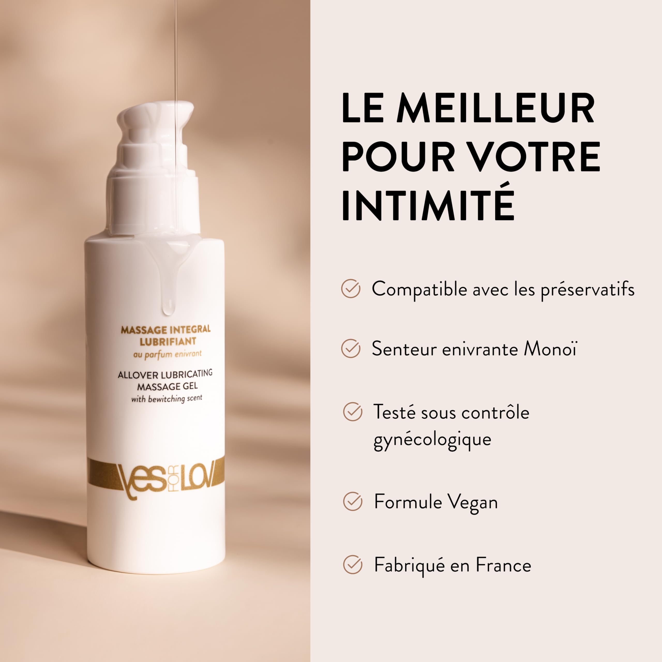 YESforLOV Gel Massage Lubrifiant Intime 2-en-1 - Parfumé au Monoï - Texture Douce Non Collante, Huile Massage Intégral Pour le Corps et Zones Intimes -100ml