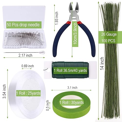 Miniatura 2 de GLAMFIELDS Cinta floral y alambre floral, kit de arreglos florales con cinta de flores verdes para ramos, alfiler de ojal, cinta blanca, cortador de