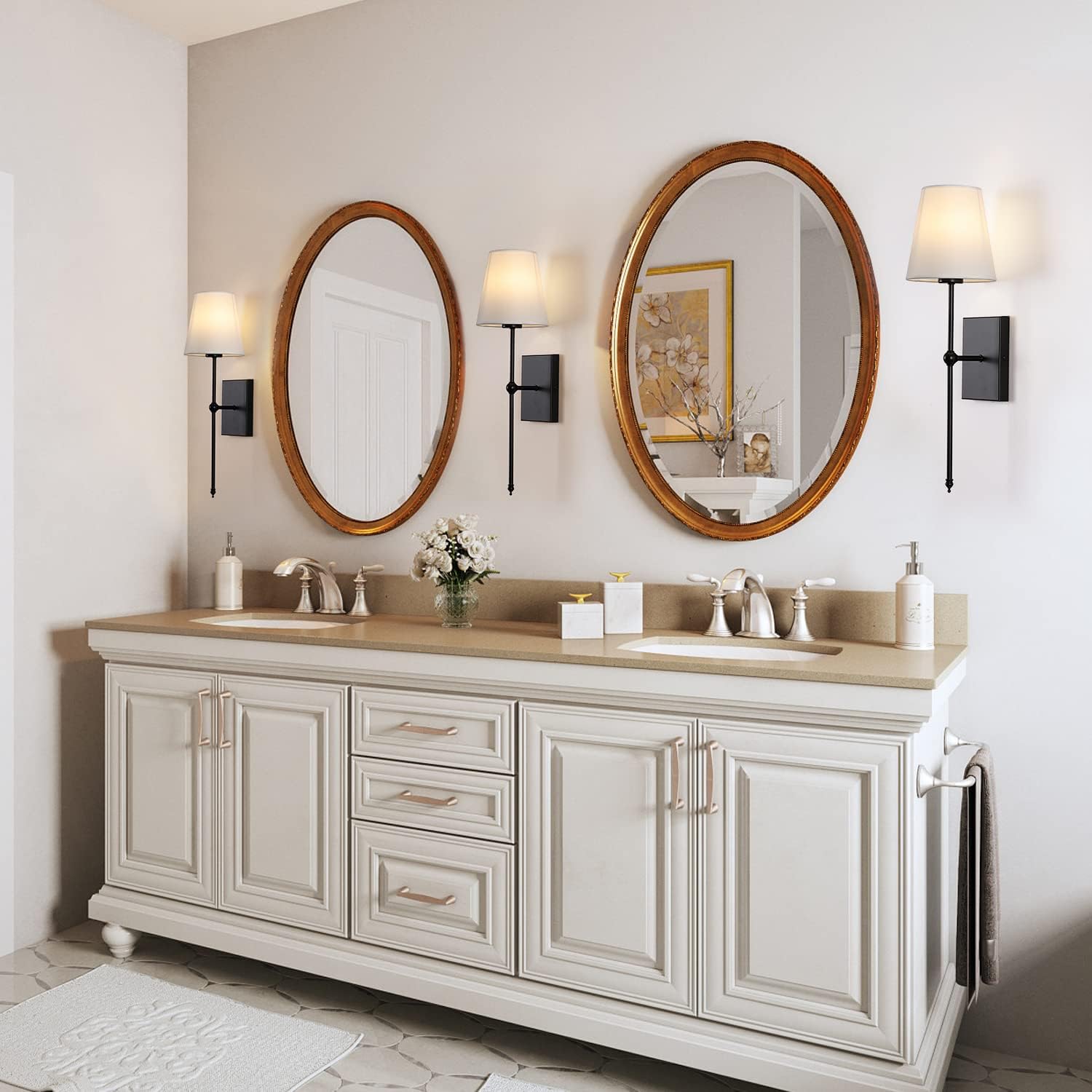 Set of 2 Slim Wall Sconces with White Fabric Shade, Matte Black Base Indoor Wall Light Fixtures for Bedroom Bedside Bathroom Vanity Light Living Room