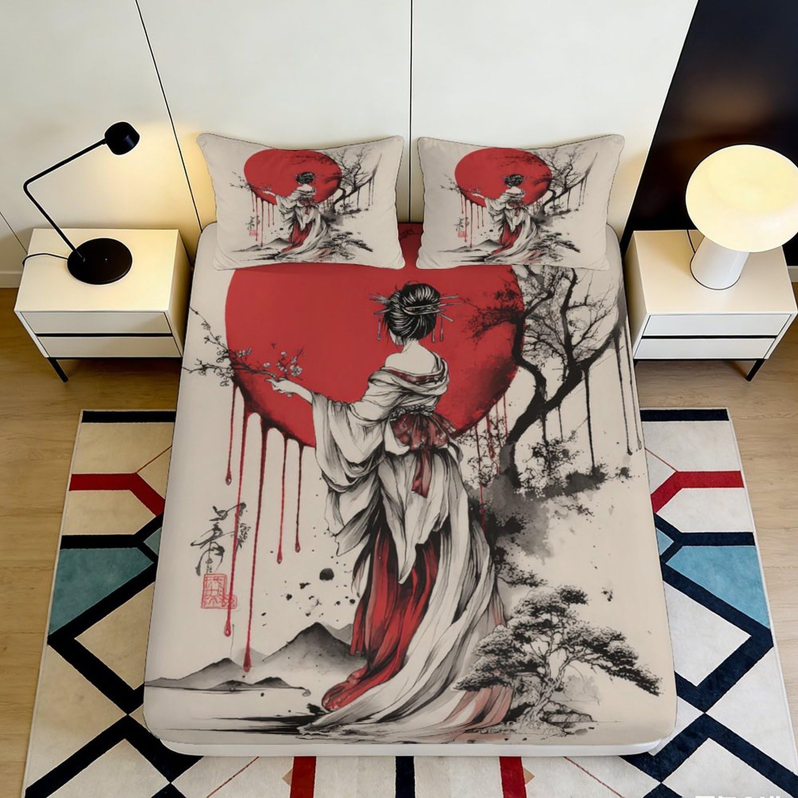 3D Printed Japanese Geisha Fitted Sheet Microfiber Soft Red Sun Bed Cover for Bedroom Guest Dorm Mattress Decor 90x200x25cm