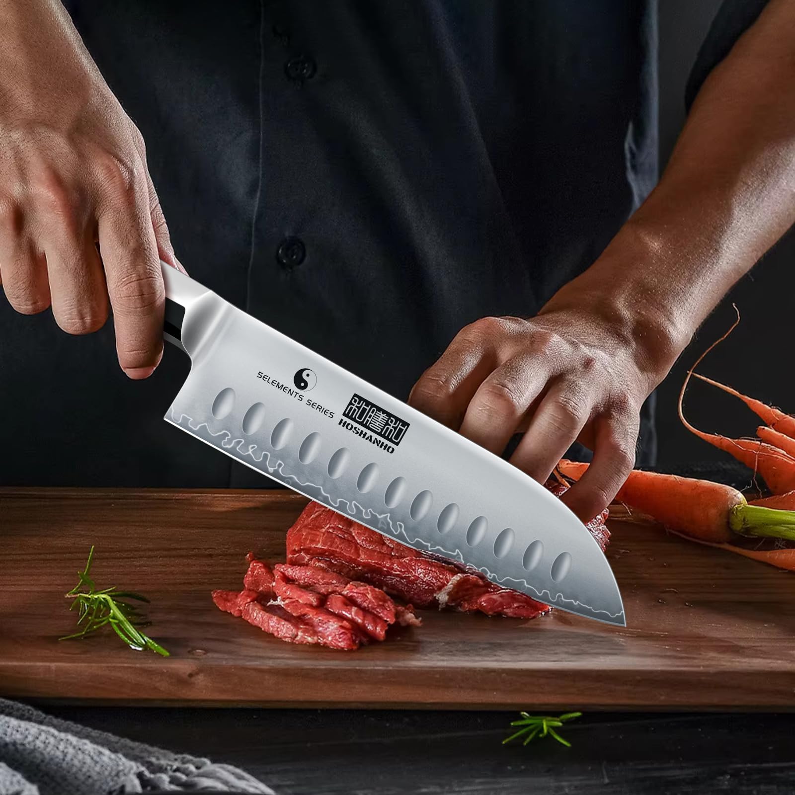 HOSHANHO Cuchillo Santoku profesional japonés de acero al carbono de 7 pulgadas, cuchillo de cocina afilado con mango ergonómico de sándalo rojo, caja de regalo | Cuchillo Santoku de acero rico en carbono, cuchillo de chef profesional con mango ergonómico