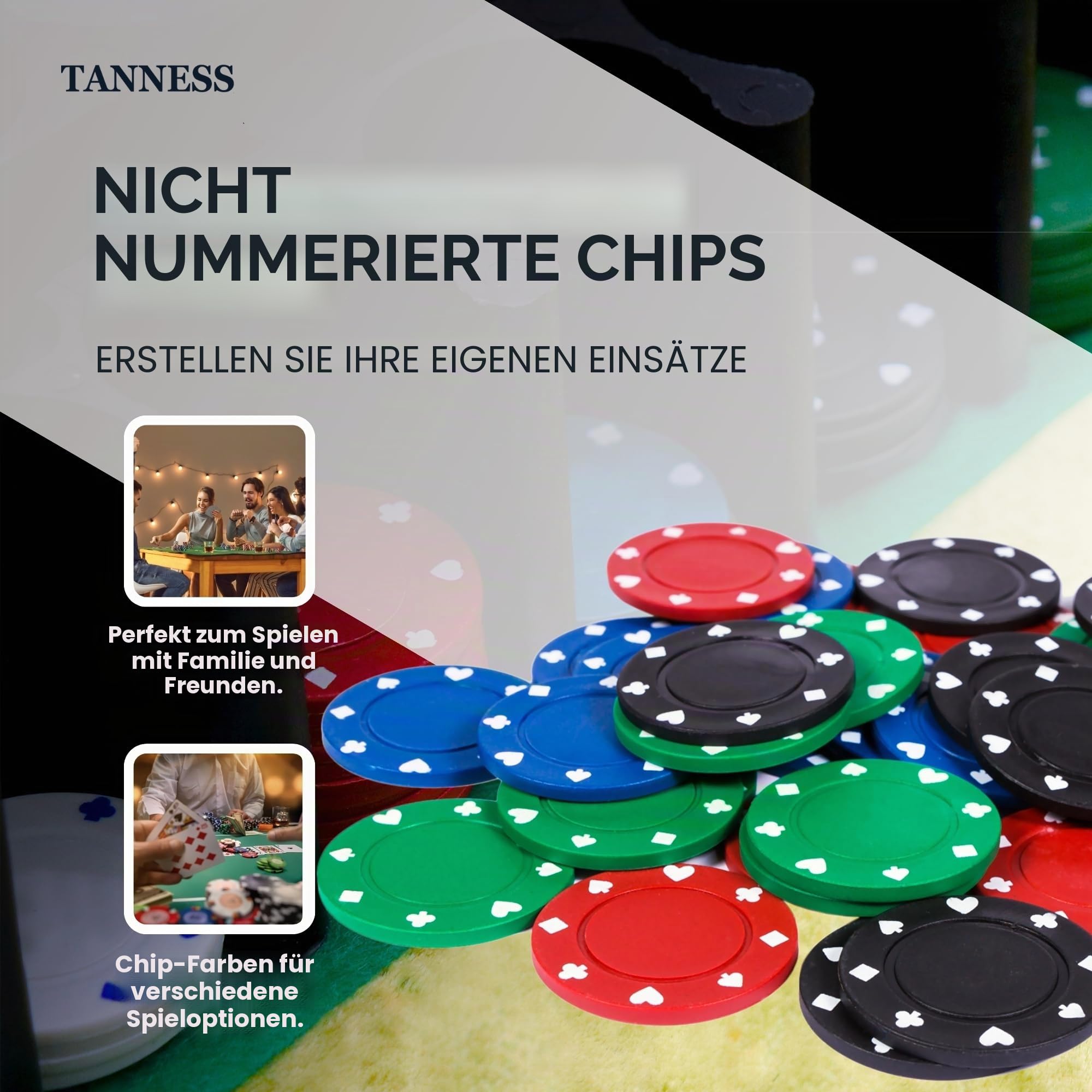 Tanness Pokerset 200 Stück Pokerkoffer mit Pokerchips, Poker Karten & Spielmatte | Casino Poker Set für Texas Hold’em & Blackjack | Poker Chips Set im Metallkoffer | Komplettes Poker Spielset