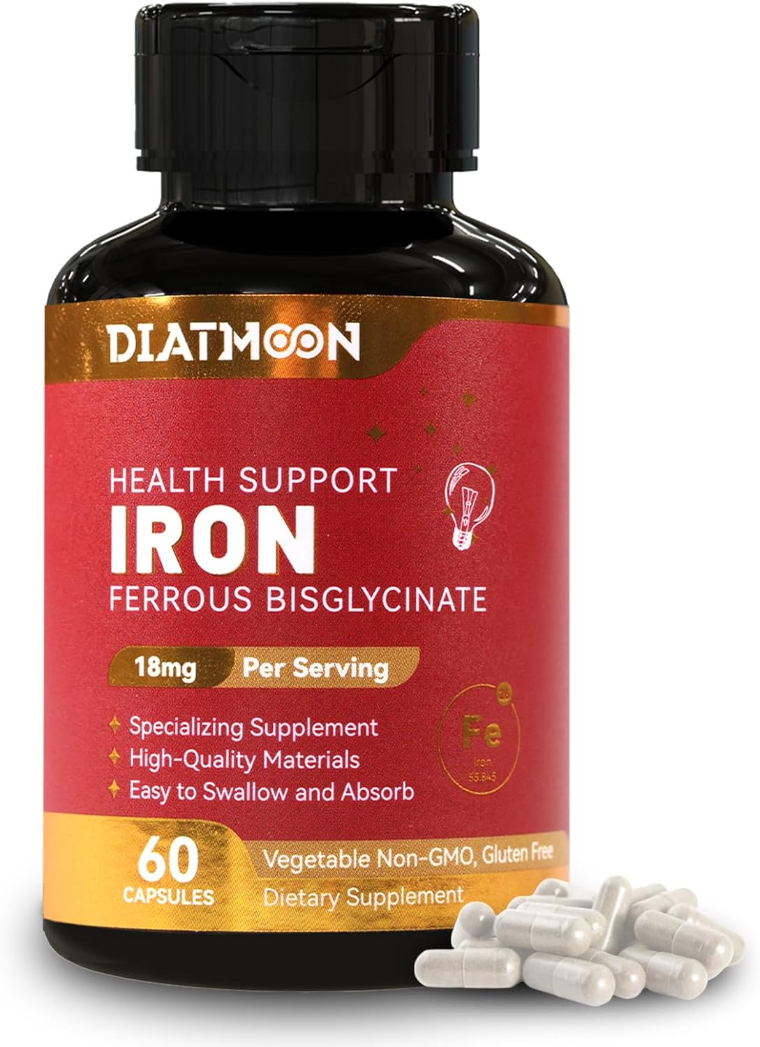 Iron Supplement for Women & Men - Highly Absorbable Iron Bisglycinate Capsules for Adults,Vegan, Non-GMO, Gluten-Free, Supports Energy & Overall Wellbeing