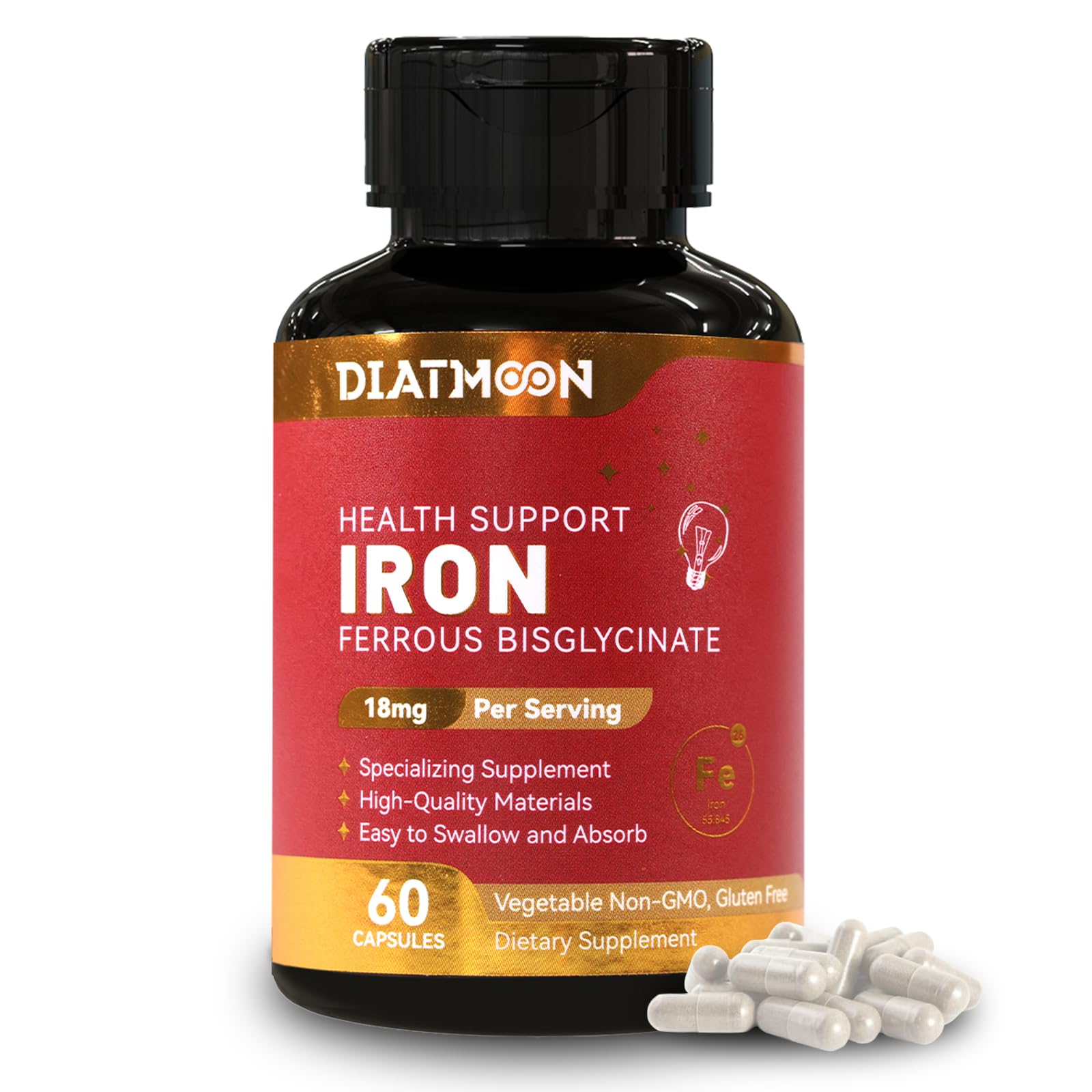 Iron Supplement for Women Men - Highly Absorbable Iron Bisglycinate Capsules for Adults Vegan Non-GMO Gluten-Free Supports Energy