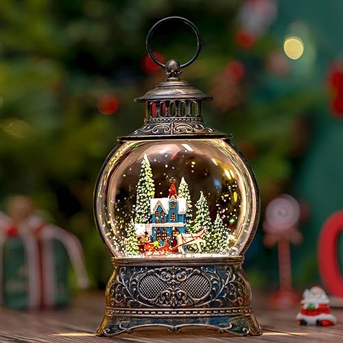 Miniatura 14 de Linterna de globo de nieve de Navidad, muñeco de nieve musical, árbol de Navidad, globo de nieve iluminado con temporizador USB/batería operada con